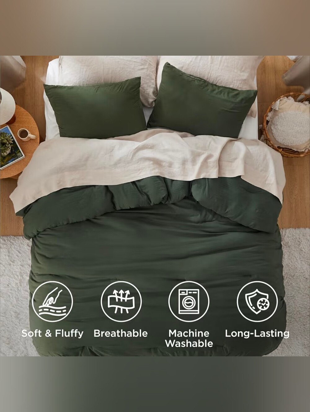 Bedsure Queen Comforter Set Prewashed Soft Bedding 3Pcs Dark Green 90"x90" New